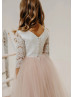 Ivory Lace Dusty Pink Tulle Wedding Party Flower Girl Dress